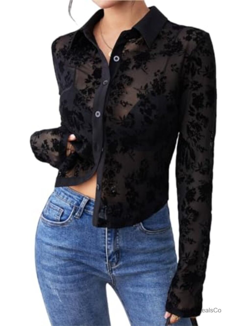 Sheer Mesh Button Down Blouse Long Sleeve Crop Top Slim Fit Women